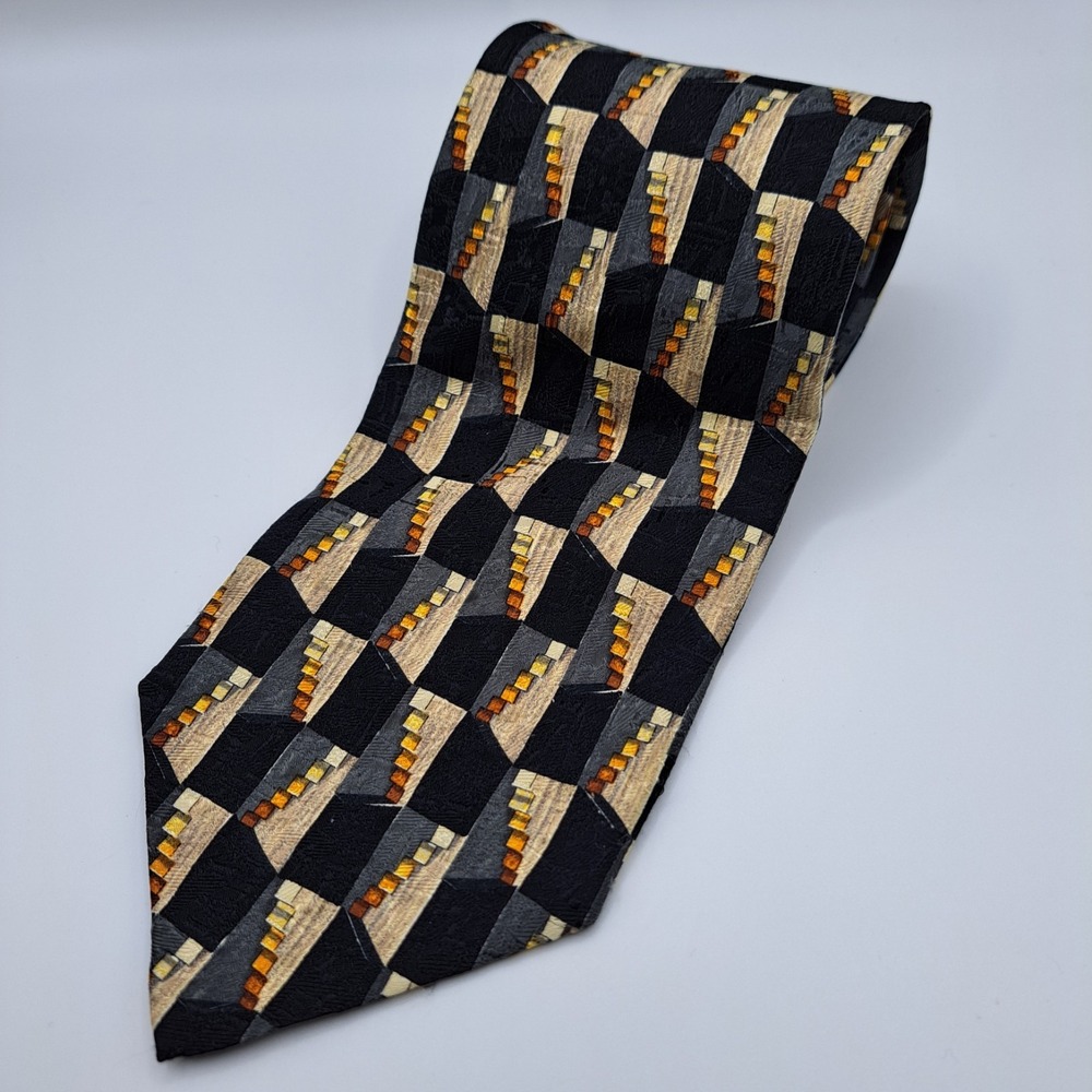 Ermenegildo Zegna Tie Men Necktie Black 100% Silk Dress Suit Geo Checked Adult